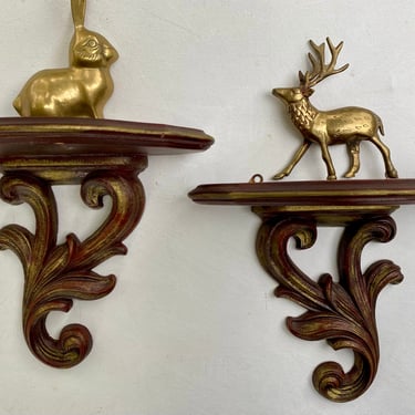 Mid Century Wall Sconces, Small Set Of Shelves By Harmony House, Decorative Plate Display, Gilded Wood And Conposite 