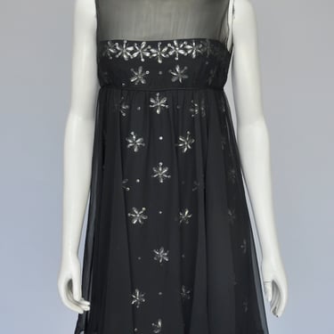 vintage 1960s black silk chiffon rhinestone party dress by Malcolm Starr XS/S 