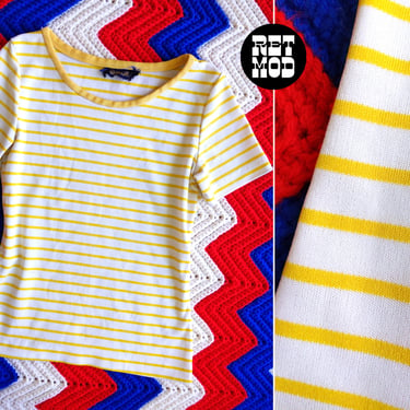 Cute Vintage 60s 70s Light Yellow White Stripe Stretchy Nylon T-Shirt Top 