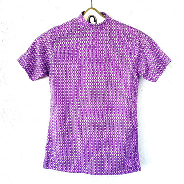 Vintage 70s Graphic Purple Turtleneck Top 1970s  High Neck Short Sleeve Shirt Lightweight 