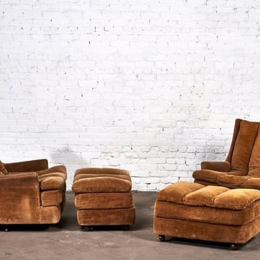 Pair of Channel Tufted Swivel Lounges with Rolling Ottomans, 1960