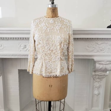 1960s Beaded Tunic Top Cream White /60s Evening Top Party Dressy Maximalist Stephen Chu Hong Kong / M 