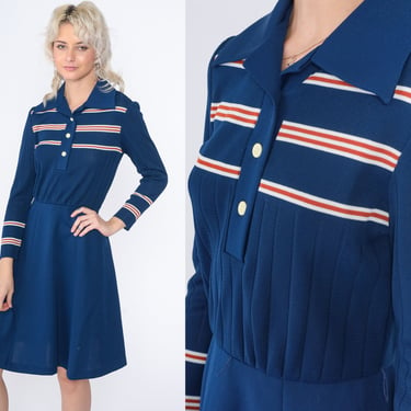 Blue Striped Dress 70s Mod Midi Dress Long Sleeve Button up Collared High Waisted Ribbed Preppy Shirtwaist Fit Flare Vintage 1970s Small S 