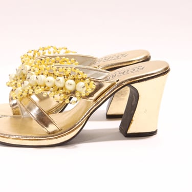 1970s Gold Metallic Yellow and Cream Beaded High Heel Strappy Sandal High Heels by Originales Filipinas -Size 6 