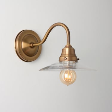 Gooseneck Wall Sconce - Clear Flat Shade - Task Lighting - Brass Wall Lamp - Kitchen Fixture 