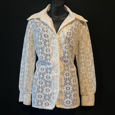 1960s white lace blouse vintage lacy button down XL 