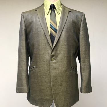 Vintage 1960s Mod Bespoke Sharkskin Sport Coat, 60s Green Wool Custom Tailored Blazer, Mid-Century Mad Men Jacket, 44 Regular 