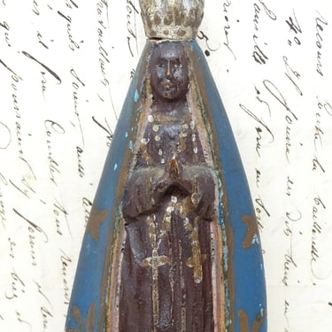 Antique Black Madonna Santos, Hand Carved & Hand Painted Wood, Vintage Religious Statue, Angel, Rosary 
