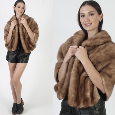 60s Honey Mink Stole, Vintage Brown Wedding Cape, Bridal Bolero With Pockets, Fur Under Collar MOTB Shrug 