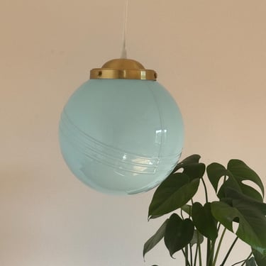 Vintage Art Deco Blue Glass Globe Pendant Lamp / Mid Century Modern Sphere Ceiling Light / Made in Italy / 1960s 
