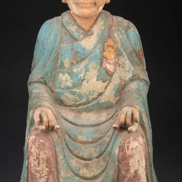 Large Antique Korean Carved Polychromed Wood Buddhist Figure Sculpture Karana Mudra 