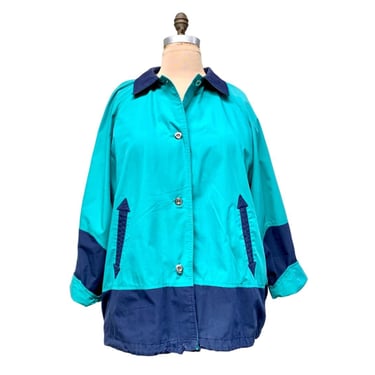 Vintage 1980s Two-Tone Windbreaker, Bright Teal and Navy All Weather Parka, London Towne Preppy Sailing Jacket, Volup  Size 1X to 2X, VFG 