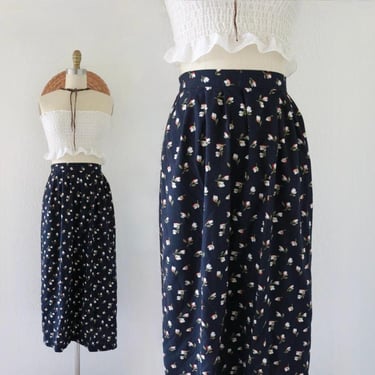 navy floral skirt - 26-30 - vintage 90s y2k womens dark blue botanical floral long size small fall cute cottage 