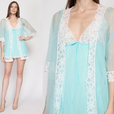 Medium 60s Blue Chiffon Babydoll Peignoir Set | Vintage Negligee Matching Outfit Mini Nightie & Robe 