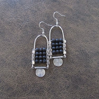 Ethnic chandelier earrings, black lava rock and silver statement earring 