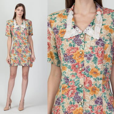 80s Floral Lace Collar Button Up Mini Dress - Medium to Large | Vintage Corset Lace Up Back Short Sleeve Sheath Dress 