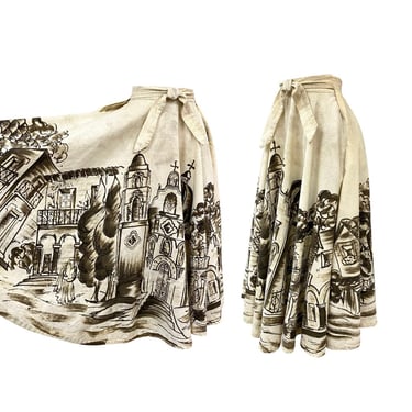 Vtg 50s 1950s Hand Painted City Scene Mid Century Mexican Souvenir Wrap Skirt 
