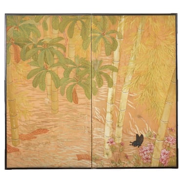 Japanese Taisho Two Panel Screen Bamboo Butterfly Landscape