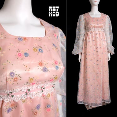 ETHEREAL Vintage 60s 70s Pastel Pink Babydoll Flocked Floral Maxi Dress with HUGE Sheer Sleeves 