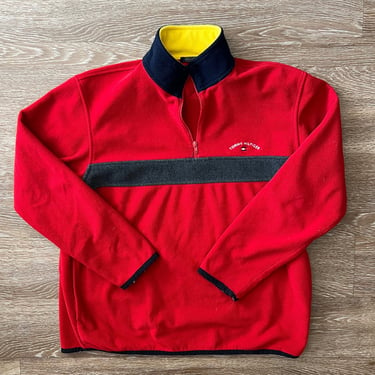 Y2k Tommy Hilfiger Red and Navy Fleece Quarter Zip Large 