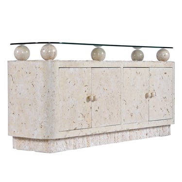 Maitland Smith Style Post-Modern Mactan Tessellated Stone Orb Pedestal Credenza 