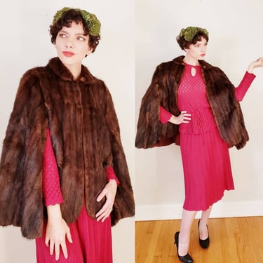 1940s Brown Muskrat Fur Cape / 40s Collared Capelet Wrap Sharon Store Faux Mink / Blanche 