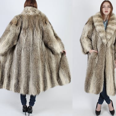 Full Length Brown Coyote Fur Coat / Shaggy Real Fox Fur Jacket / Vintage Shawl Collar Chubby Long Overcoat 
