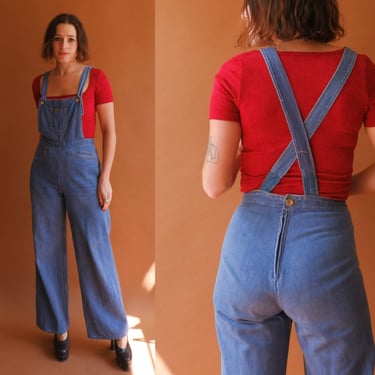 Vintage 70s Denim Overalls/ 1970s Wide Leg Cross Back Bib Overalls/ Size Medium 30 