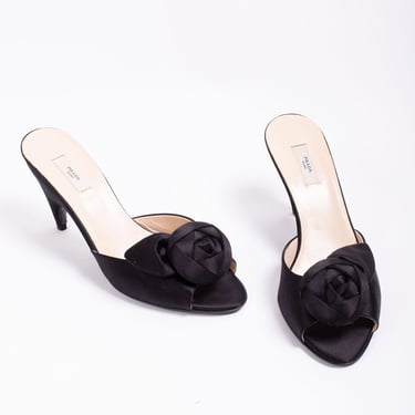 PRADA Satin Slingback Heels with Rose Appliqué in Nero sz 37 6.5 7 Black Minimal Y2K Wedge Mules Silk Shoes Vintage 