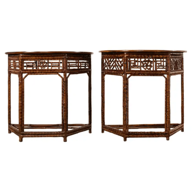 Pair of Chinese Chippendale Style Bamboo Demilune Console Tables