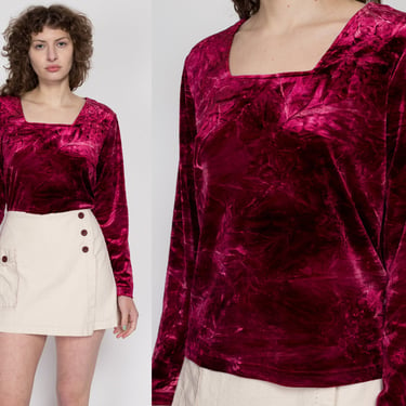 Lrg-XL 90s Dark Pink Crushed Velvet Top | Vintage Square Neck Long Sleeve Shirt 