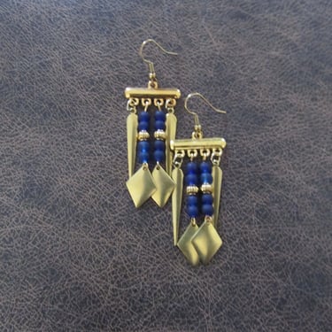 Royal blue frosted glass and gold chandelier earrings 