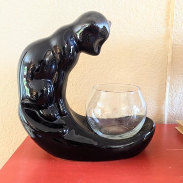 80s Art Deco Haeger Replica Black Cat Gazing into Fishbowl Ceramic Sculpture 