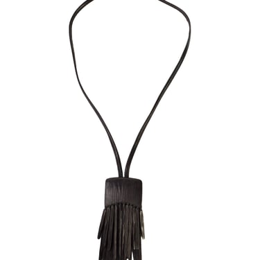 Monies Vintage Black Oversized Kamagong Wood Fringe Pendant Leather Sautoir Necklace