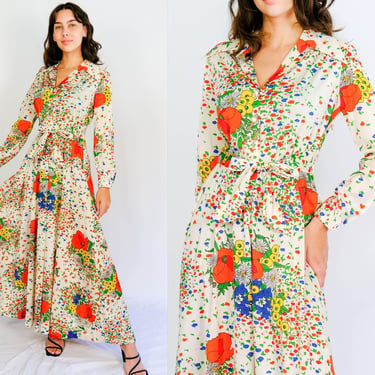 Vintage 70s Ethereal Vibrant Spring Floral Print High Waist Belted Maxi Dress | Butterfly Collar, Pearl Buttons | 1970s Bohemian, Day Dress 
