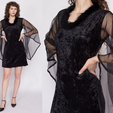 Vintage Black Crushed Velvet Angel Sleeve Mini Dress - Medium to Large | 90s Does 70s Gothic Hippie Costume Dress 