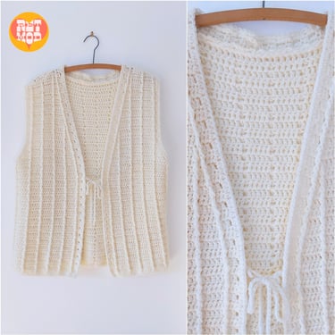 Lovely Vintage 60s 70s White Crochet Tie Vest - PLUS SIZE 