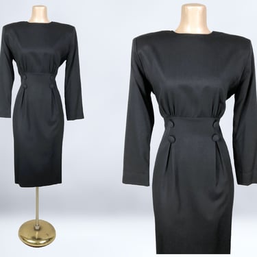 VINTAGE 80s Curvy Black Bombshell Power Dress by Hearts Sz 6 | 1980s Sexy Classy Wiggle Long Sleeve Office Dress | Bold Shoulders | vfg 