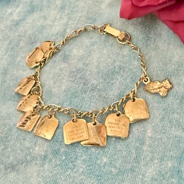 Vintage 50s 60s Charm Bracelet, Ten Commandments, Chain Link Gold Tone, Religious, Christian, Praying Hands 