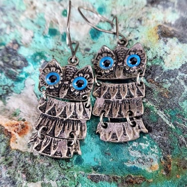 Sterling Owl Earrings with Glass Eyes~Vintage Handmade Earrings~Bird Earrings 