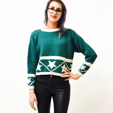 80s 90s Vintage Star Sweater Green Cream Size Small Medium Cropped Cotton Sweater 