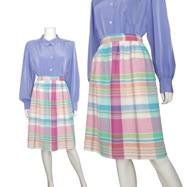 Vintage Madras Plaid Skirt, Small / Rainbow Plaid Skirt with Pockets / 80s Linen Look Midi Skirt / 1980s Multi Color Day Skirt 
