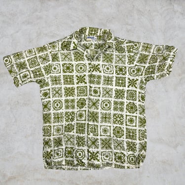 Vintage Surfline Hawaiian Shirt Green Geometric Tiki Andrade Matched Pocket S/M 