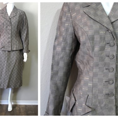 Vintage 40s 50s Betty Rose SILK Checkered Fitted Suit 2 PC Jacket & wiggle Skirt  // Modern Size US 6 8 Small Medium 