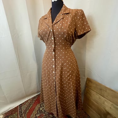 Polka Dot Dress 1940s Pinup Style 1980s Vintage Brown White L 