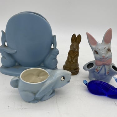 Blue Ceramic Planter Bunny Rabbit Figural Collection 