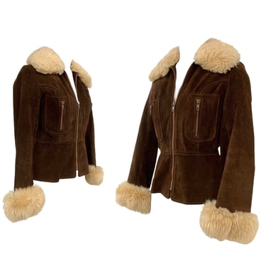 Vtg Vintage 1960s 60s Penny Lane Shearling Fur Trim Suede Peplum Tailored Jacket 