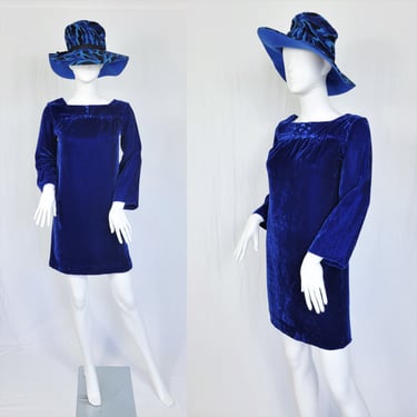 1960's Royal Blue Rayon Velvet Short Baby Doll Shift Dress I Sz Sm 