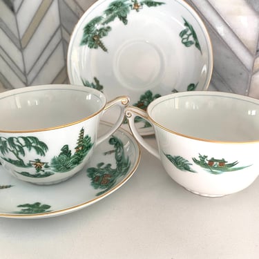 Narumi Green Willow Cup and Saucer Sets, Footed Tea Cups, Sets of 2 Each, Vintage Mid Century, Pagoda, Willow Trees, Ancient Asian Theme 