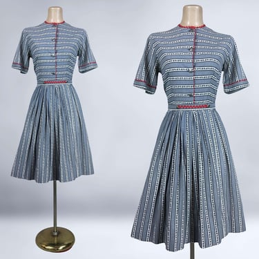 VINTAGE 50s Bavarian Cotton Novelty Day Dress By Miss Trude Jr. 38B/30W | 1950s Full Sweep Belted Shirtwaist Dress | VFG 